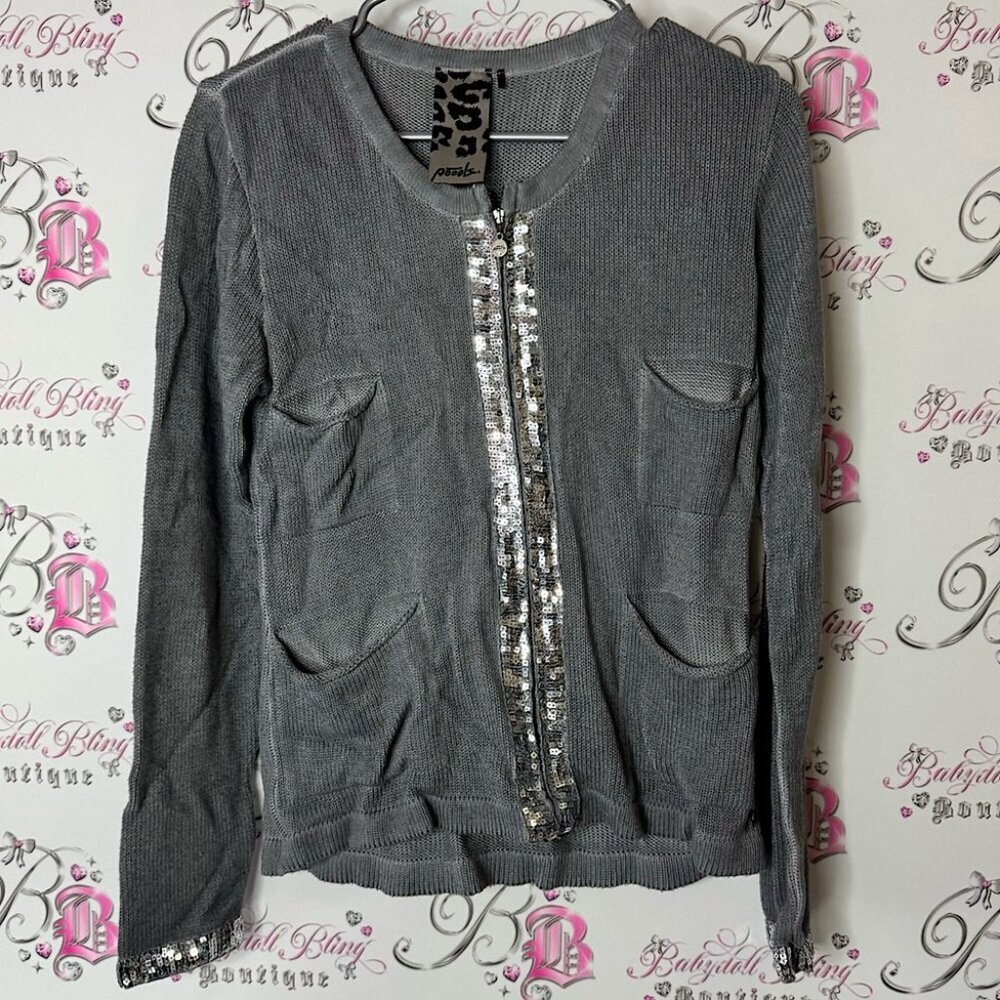 Poools cardigan sweater zip up sparkly Sequin Buttoned Sweatshirt